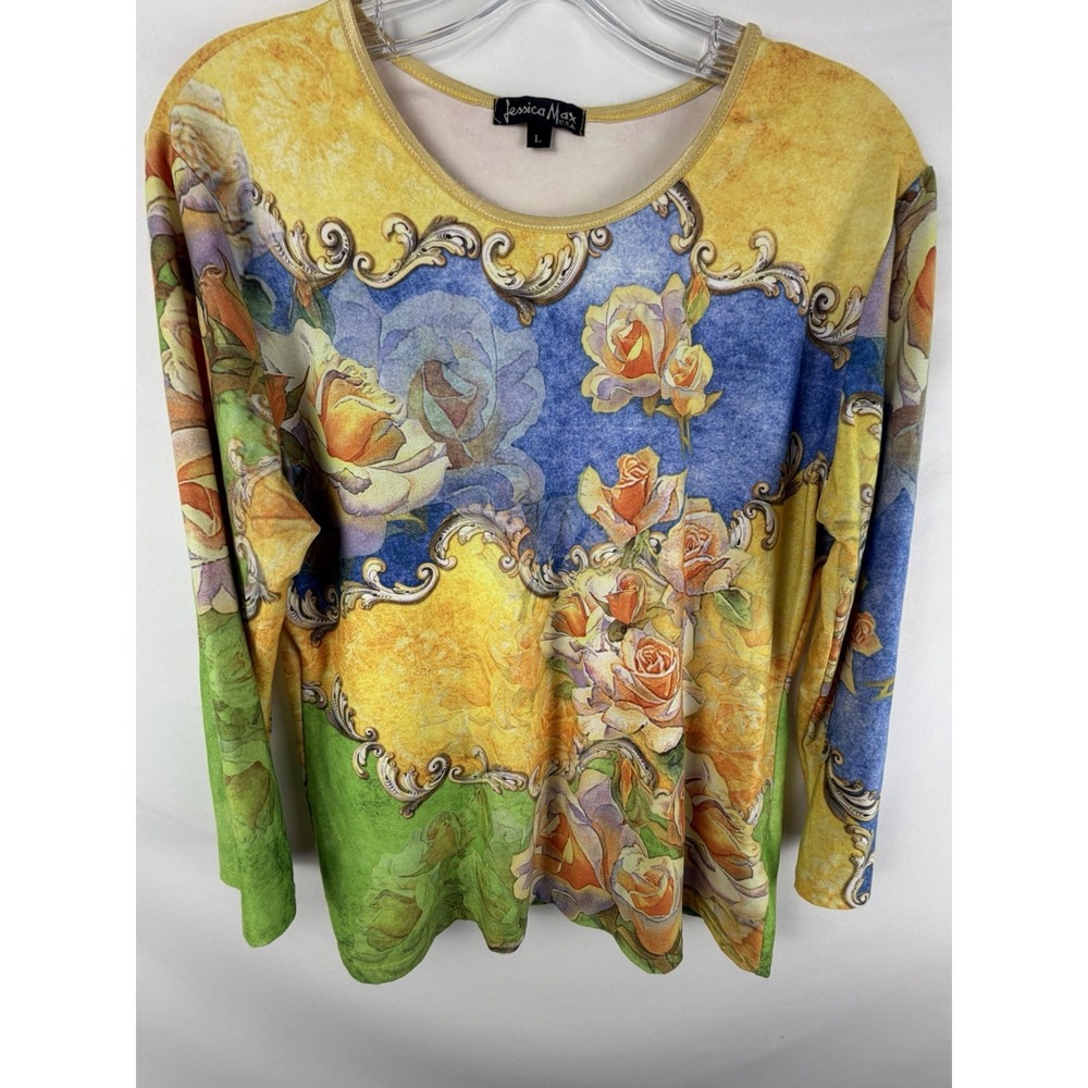 Jessica Max Long Sleeve Top Sz L Womens Yellow Rose Artsy Maximalist Rococo USA